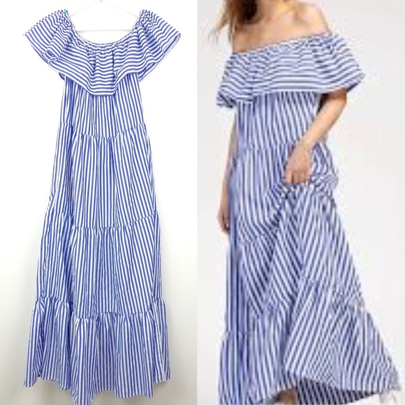 blue and white striped maxi dress